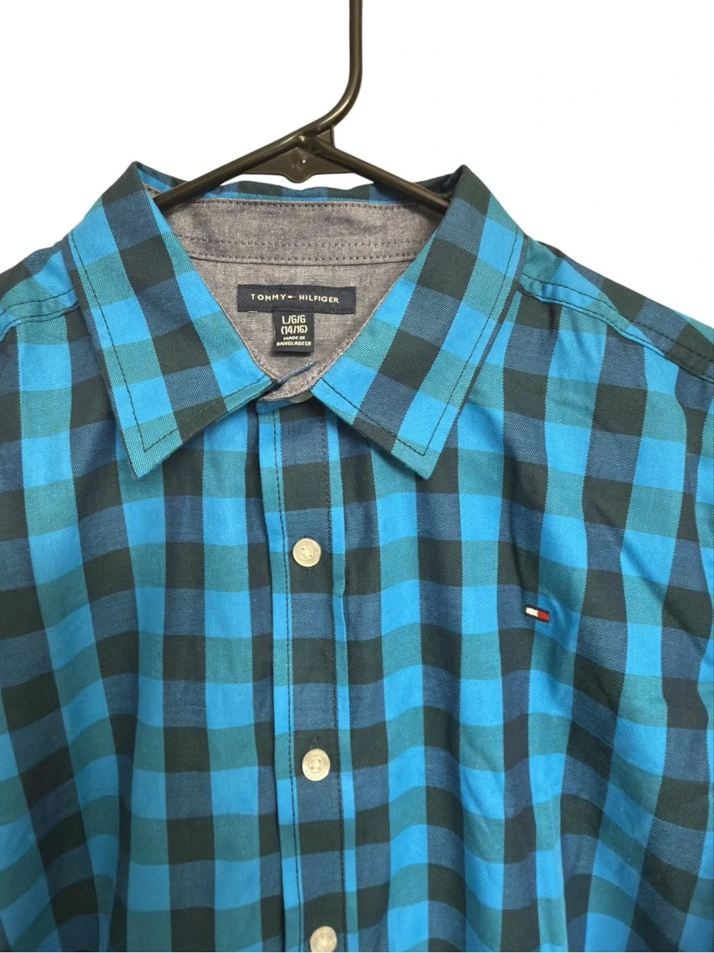Tommy Hilfiger Boy’s Medieval Blue Twill Check Long Sleeve Button Up Shirt EUC